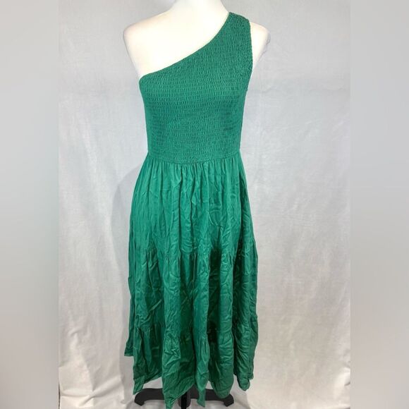 Boutique Anrabess Emerald green one shoulder smocked flowy midi dress medium - Picture 4 of 9